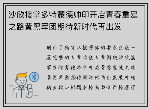 沙欣接掌多特蒙德帅印开启青春重建之路黄黑军团期待新时代再出发 沙欣接掌多特蒙德帅印开启青春重建之路黄黑军团期待新时代再出发