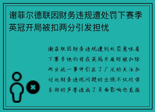 谢菲尔德联因财务违规遭处罚下赛季英冠开局被扣两分引发担忧 谢菲尔德联因财务违规遭处罚下赛季英冠开局被扣两分引发担忧